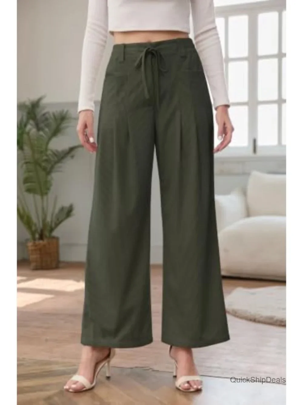 Corduroy Wide Leg Pants Elastic Waist High Rise Non-Stretch